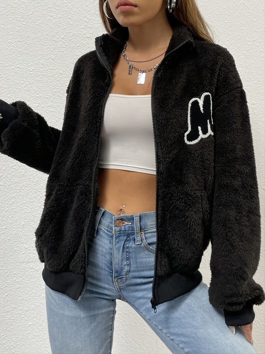 Antmvs Casual Fuzzy Jacket, Lapel Zipper Long Sleeve Fashion Loose Outerwear, Women's Clothing