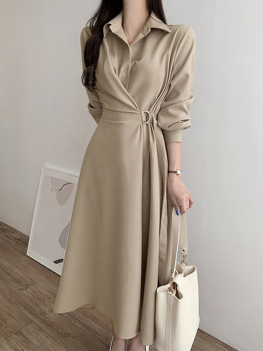 Antmvs A-line Button Front Dress, Elegant Long Sleeve Dress For Spring & Fall, Women's Clothing