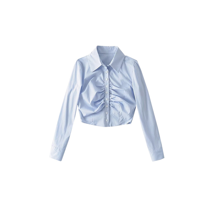 Antmvs Michelle Solid Color Button Up Ruched Long Sleeve Office Shirt Long Sleeve Top