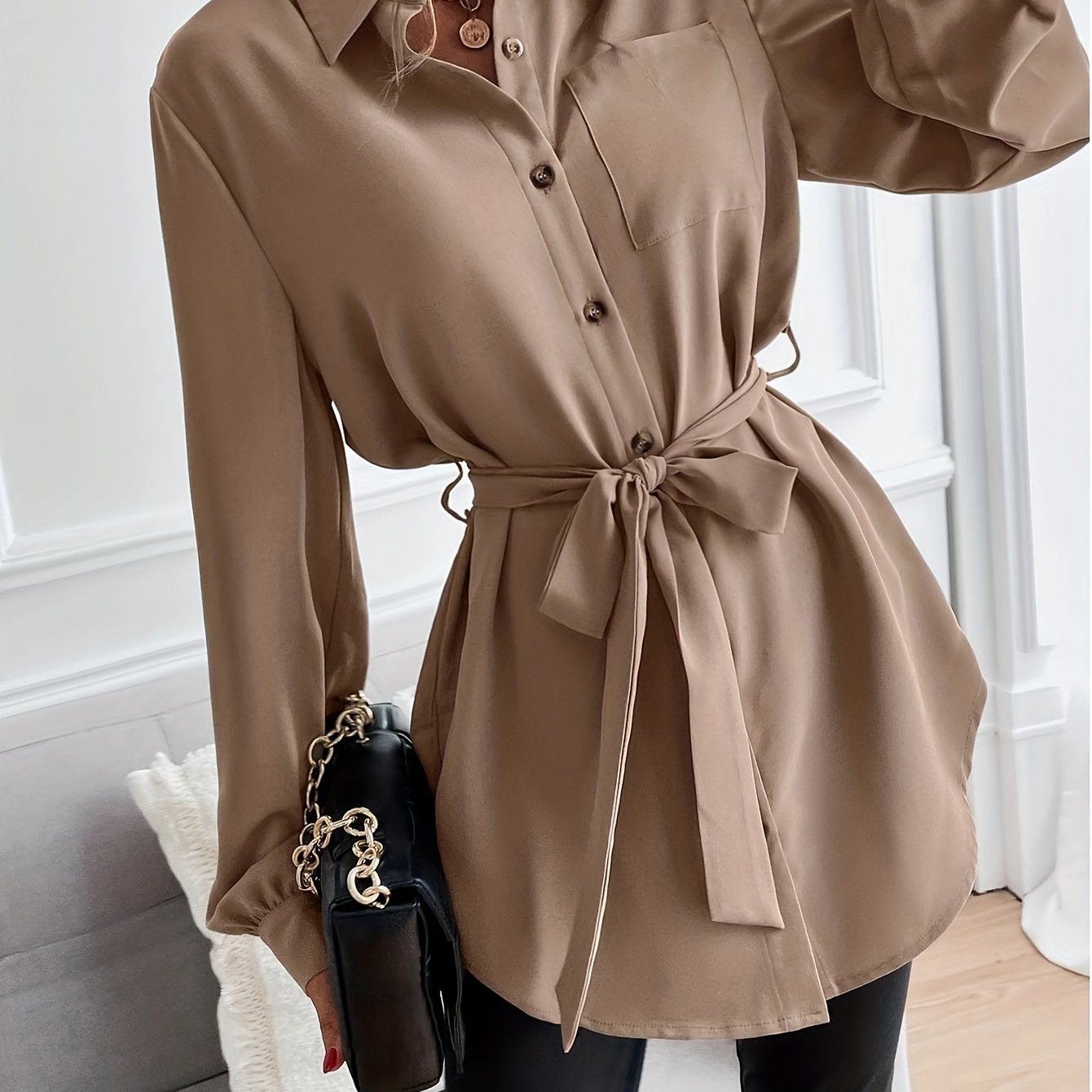 Antmvs Solid Pocket Polo Collar Belted Blouse, Casual Long Sleeve Blouse For Spring & Fall, Women's Clothing