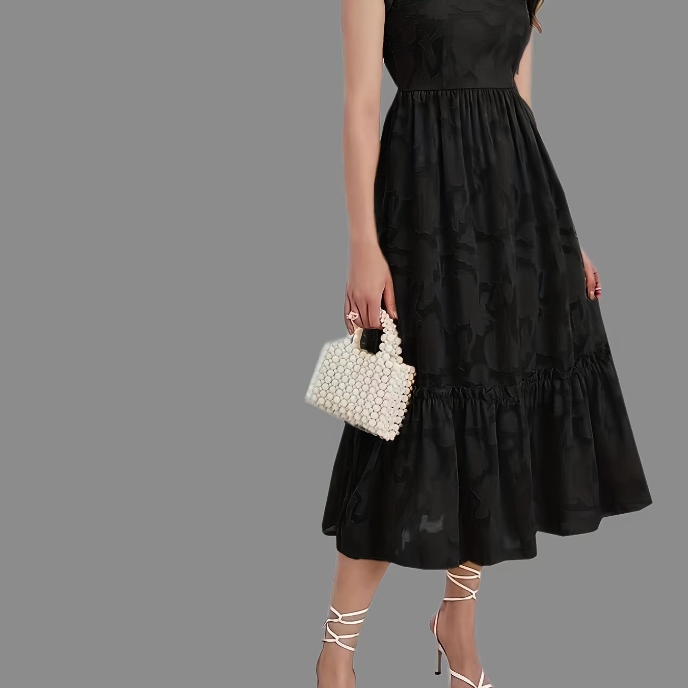 Antmvs Lettuce Trim Jacquard Dress, Elegant Sleeveless Pleated Slim Waist Dress, Women's Clothing