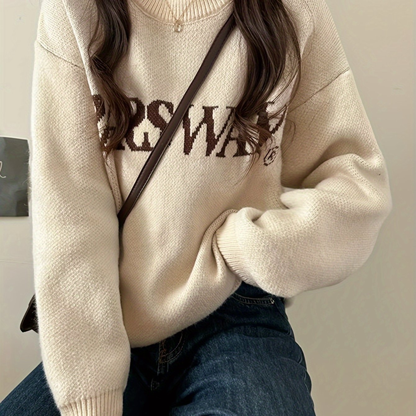 Antmvs Letter Pattern Crew Neck Pullover Sweater, Casual Long Sleeve Drop Shoulder Sweater, Women's Clothing