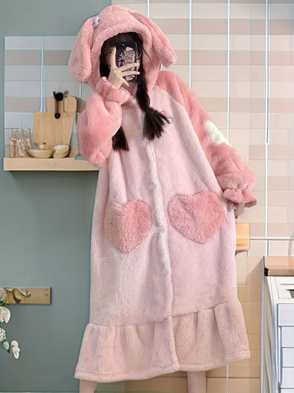 Antmvs Bunny Hooded Fuzzy Night Robe, Cute Long Sleeve Buttons Ruffle Robe With Heart Shaped Pockets, Women's Sleepwear