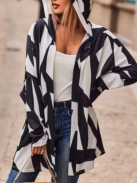 Antmvs Plus Size Casual Coat, Women's Plus Colorblock Geometric Print Long Sleeve Hooded Cardigan