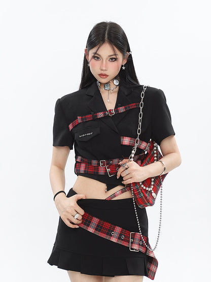 Antmvs Suzy Red Plaid Short Sleeve Waist Belt Cropped Top + High Waist Black Belt Mini Skirt Matching Set