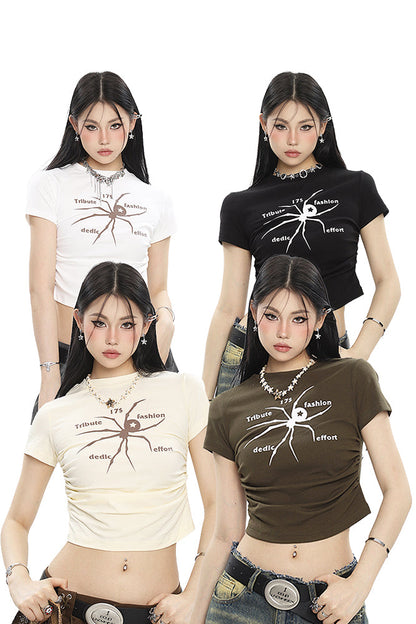 Antmvs Spidergirl Graphic Image Print Short Sleeve Ruched Pleated Cropped Top