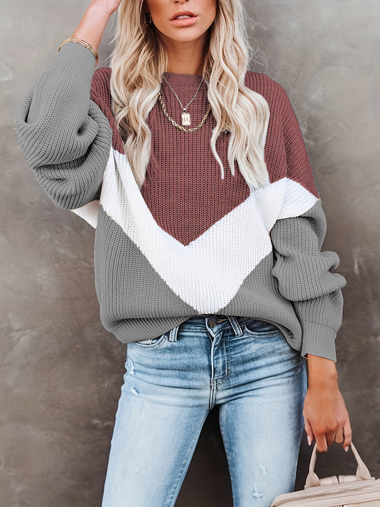 Antmvs Color Block Crew Neck Pullover Sweater, Casual Long Sleeve Sweater For Fall & Winter, Women's Clothing