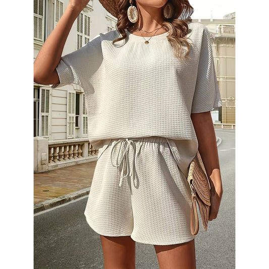 Antmvs Beige Knit Tee and Shorts Matching Sets