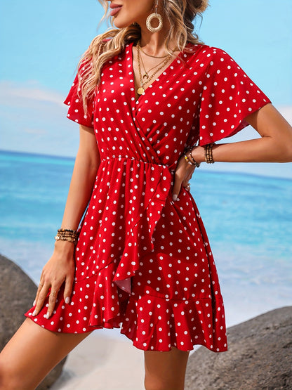 Antmvs Polka Dot Ruffle Hem Dress, Casual V Neck Short Sleeve Dress, Women's Clothing