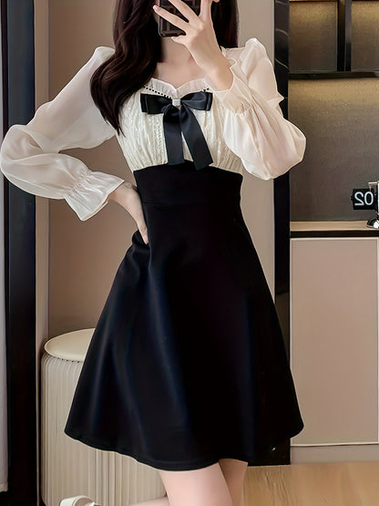 Antmvs Color Block Bow Tie Dress, Elegant Ruffle Trim Long Sleeve Dress, Women's Clothing