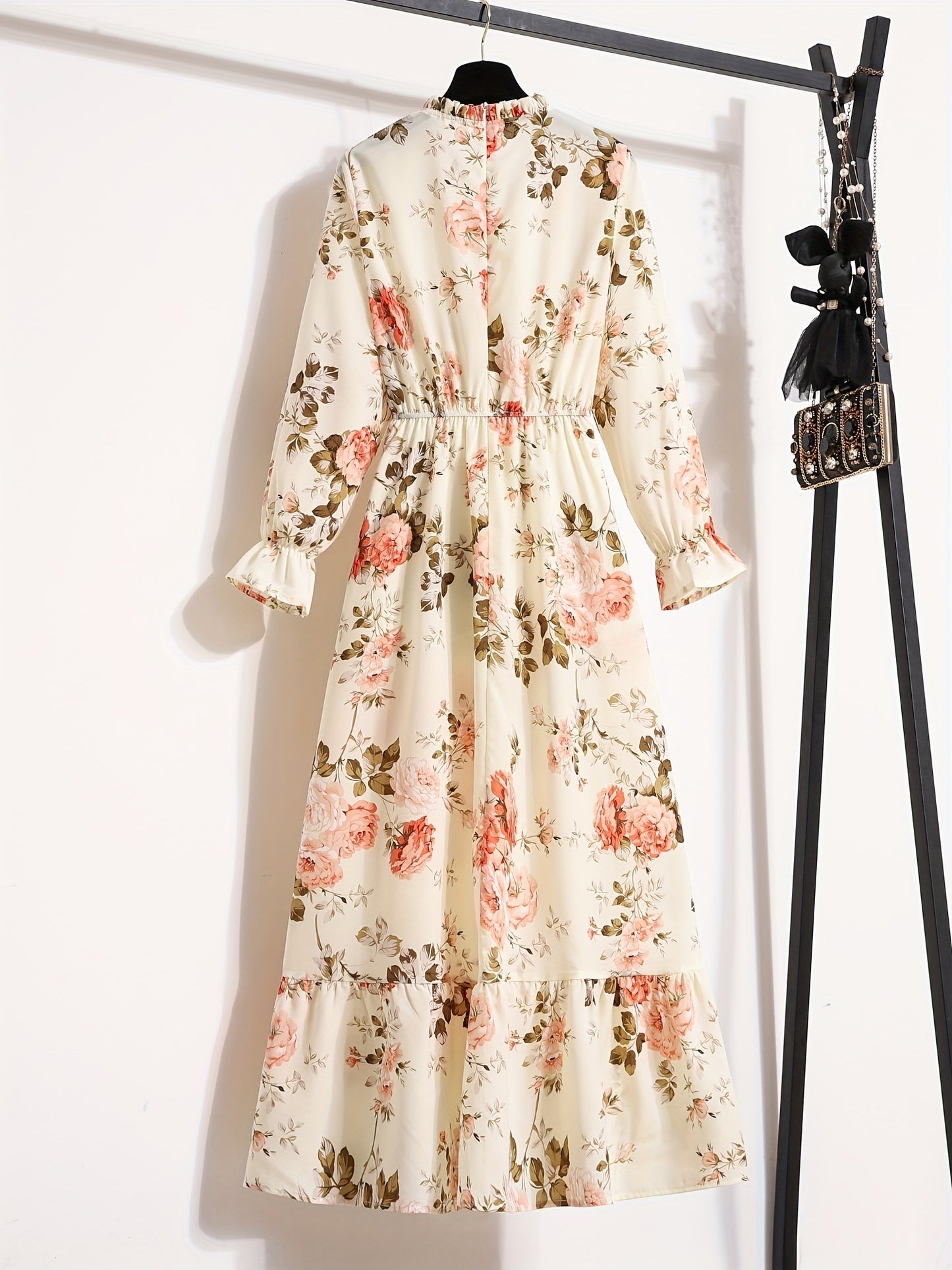 Antmvs Floral Print Ruffle Hem Dress, Elegant Crew Neck Long Sleeve Dress, Women's Clothing