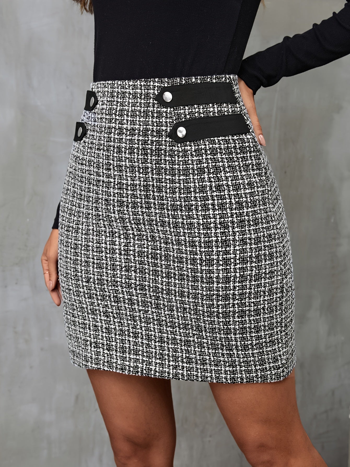 Antmvs Houndstooth Pattern Button Decor Skirt, Elegant Bodycon Skirt For Spring & Fall, Women's Clothing