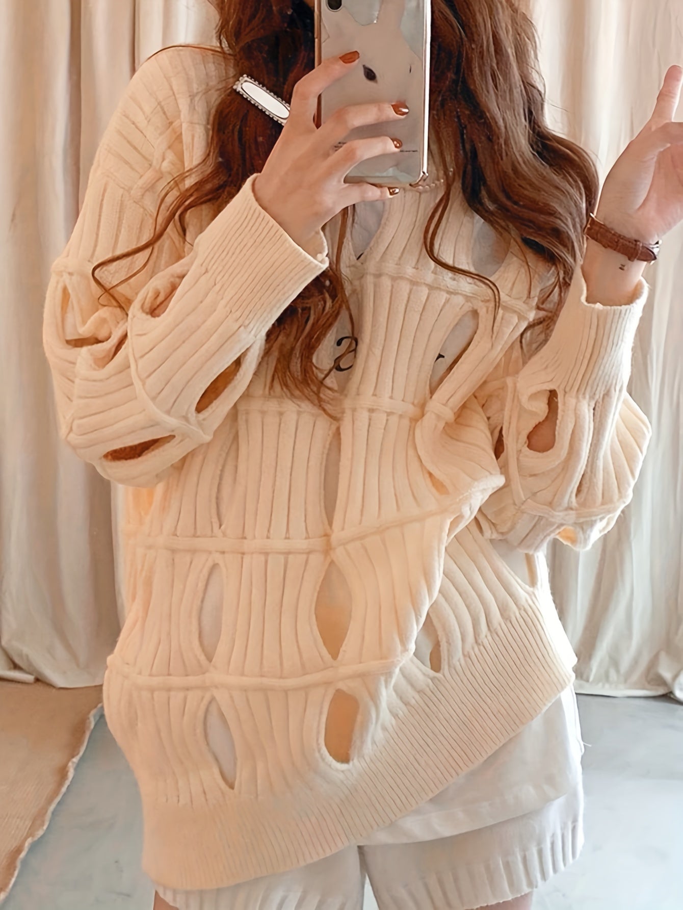 Antmvs Solid Cut Out Pullover Sweater, Casual Long Sleeve Loose Stylish Sweater, Women's Clothing