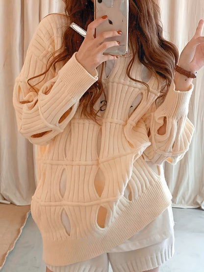 Antmvs Solid Cut Out Pullover Sweater, Casual Long Sleeve Loose Stylish Sweater, Women's Clothing