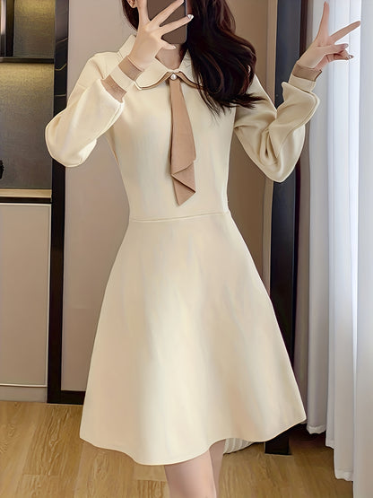 Antmvs Tie Neck A Line Dress, Elegant Long Sleeve Midi Dress, Women's Clothing