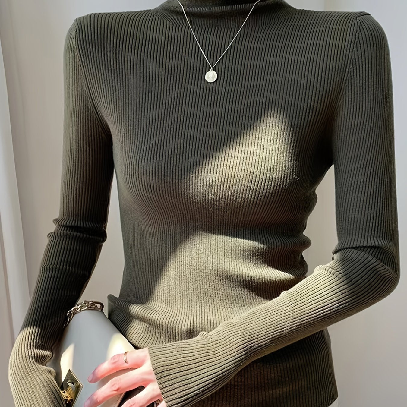 Antmvs Women's Sweater Turtleneck Solid Ribbed Long Sleeve Slim Pullover Knit Tops