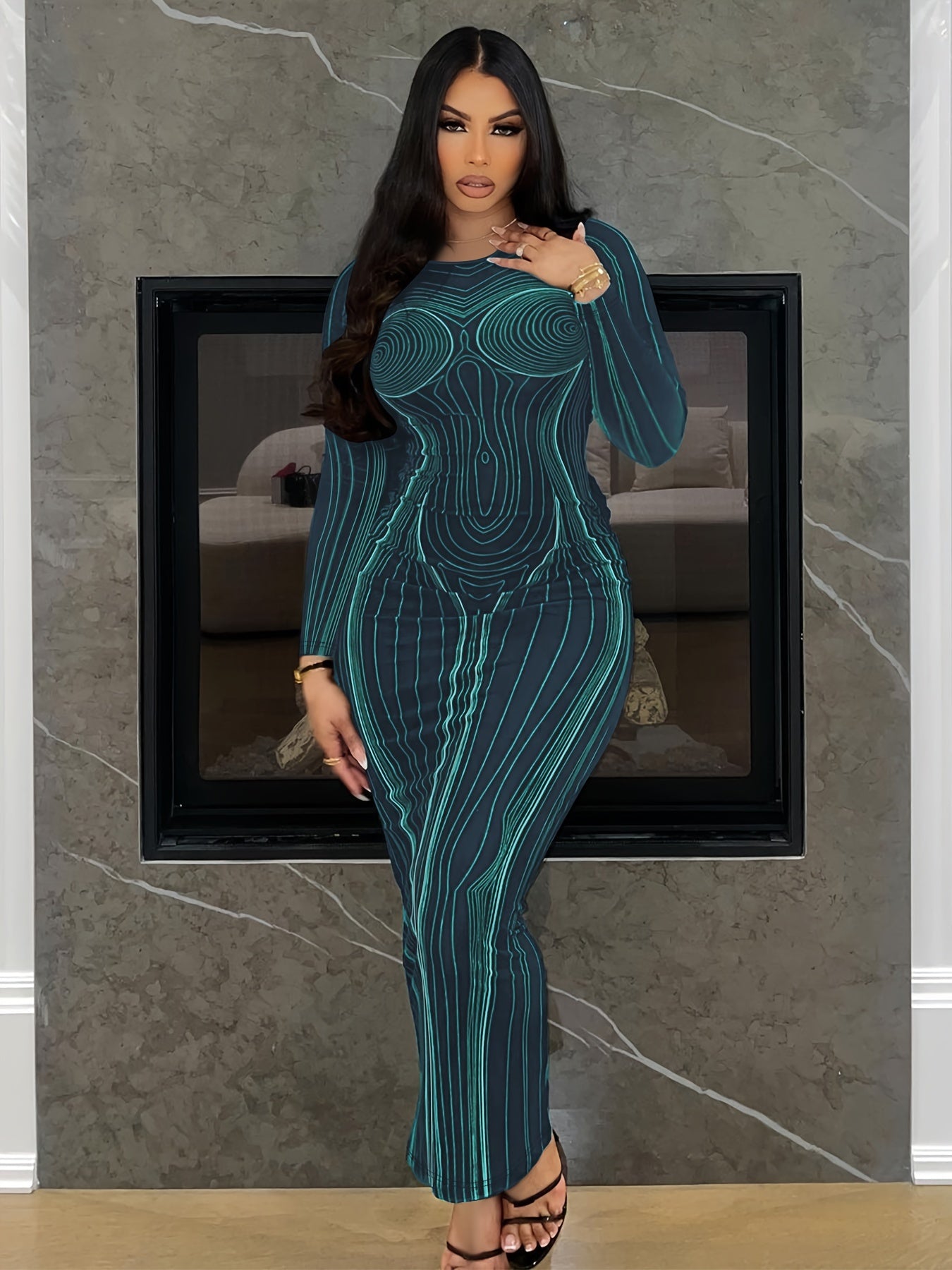 Antmvs Plus Size Sexy Dress, Women's Plus Stripe Print Long Sleeve Round Neck Backless Skinny Maxi Dress