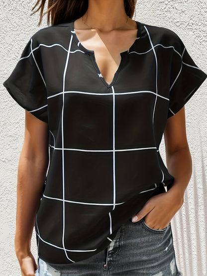 Antmvs  Plaid Notched Neck Blouse, Casual Short Sleeve Blouse For Spring & Summer, Women's Clothing