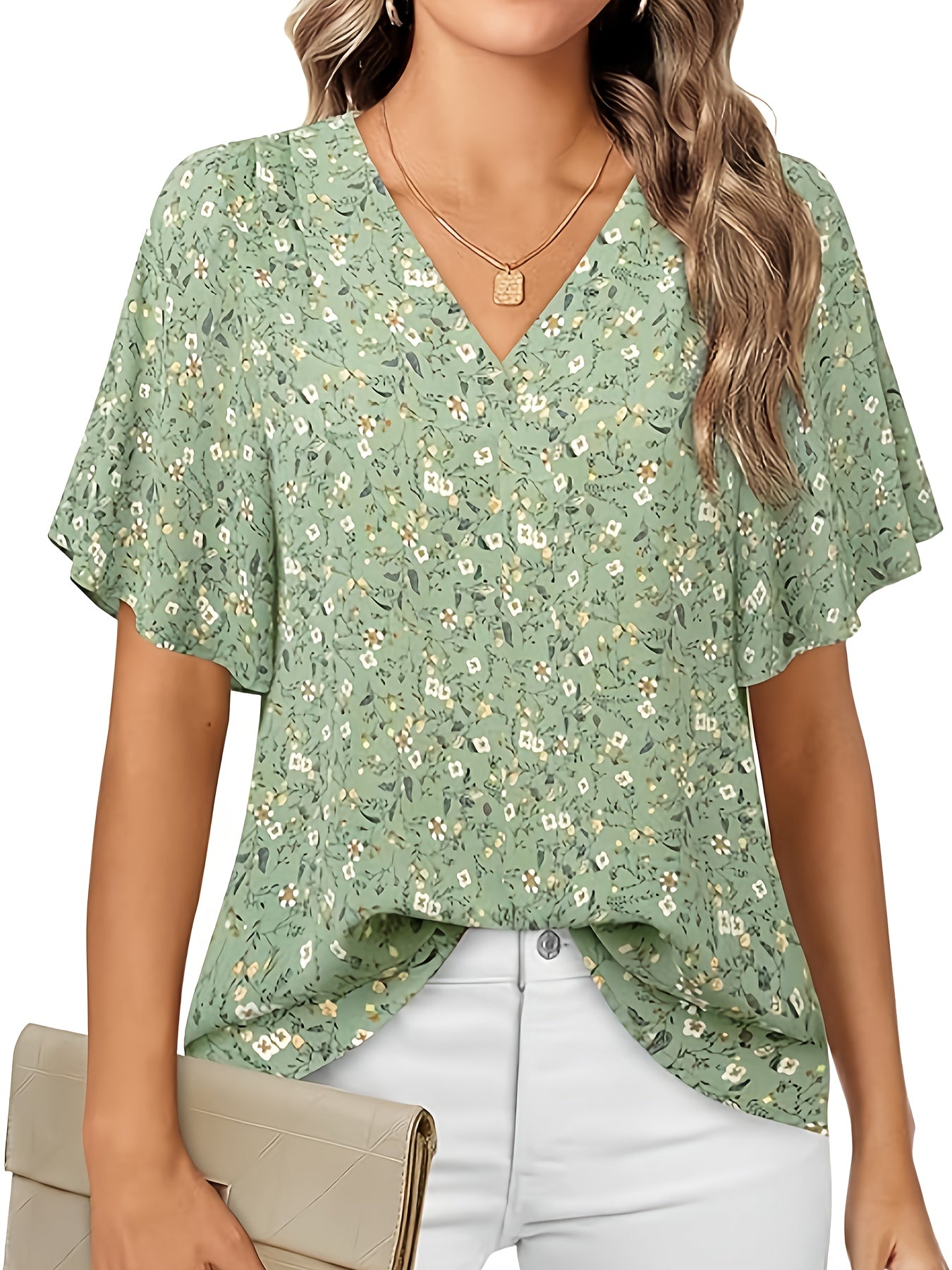 Plus Size Elegant Floral Print V Neck Blouse - Soft Non-Stretch Polyester Fabric, Casual Short Sleeve, Perfect for Spring & Summer - Womens Plus Size Clothing for All Seasons