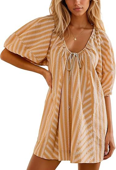 Antmvs -  Womens Striped Romper Casual Loose Puff Sleeve Wide Leg Jumpsuit Overall with Pockets