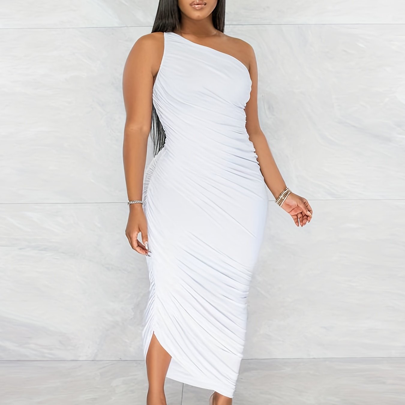 Antmvs Ruched One Shoulder Dress, Sexy Sleeveless Bodycon Party Solid Dress, Women's Clothing