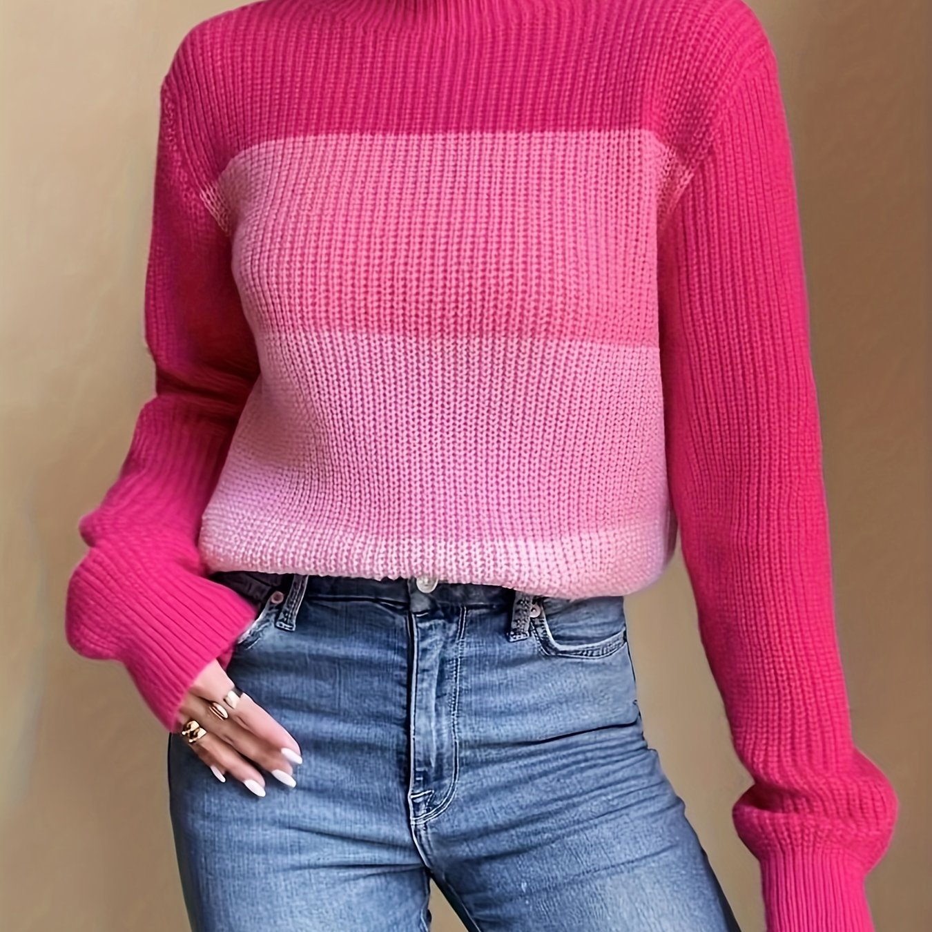 Antmvs Color Block Mock Neck Pullover Sweater, Casual Long Sleeve Loose Sweater, Women's Clothing