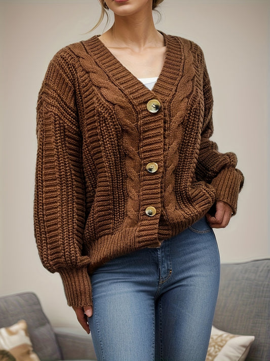 Antmvs Button Front Cable Knit Cardigan, Casual V Neck Long Sleeve Sweater, Women's Clothing