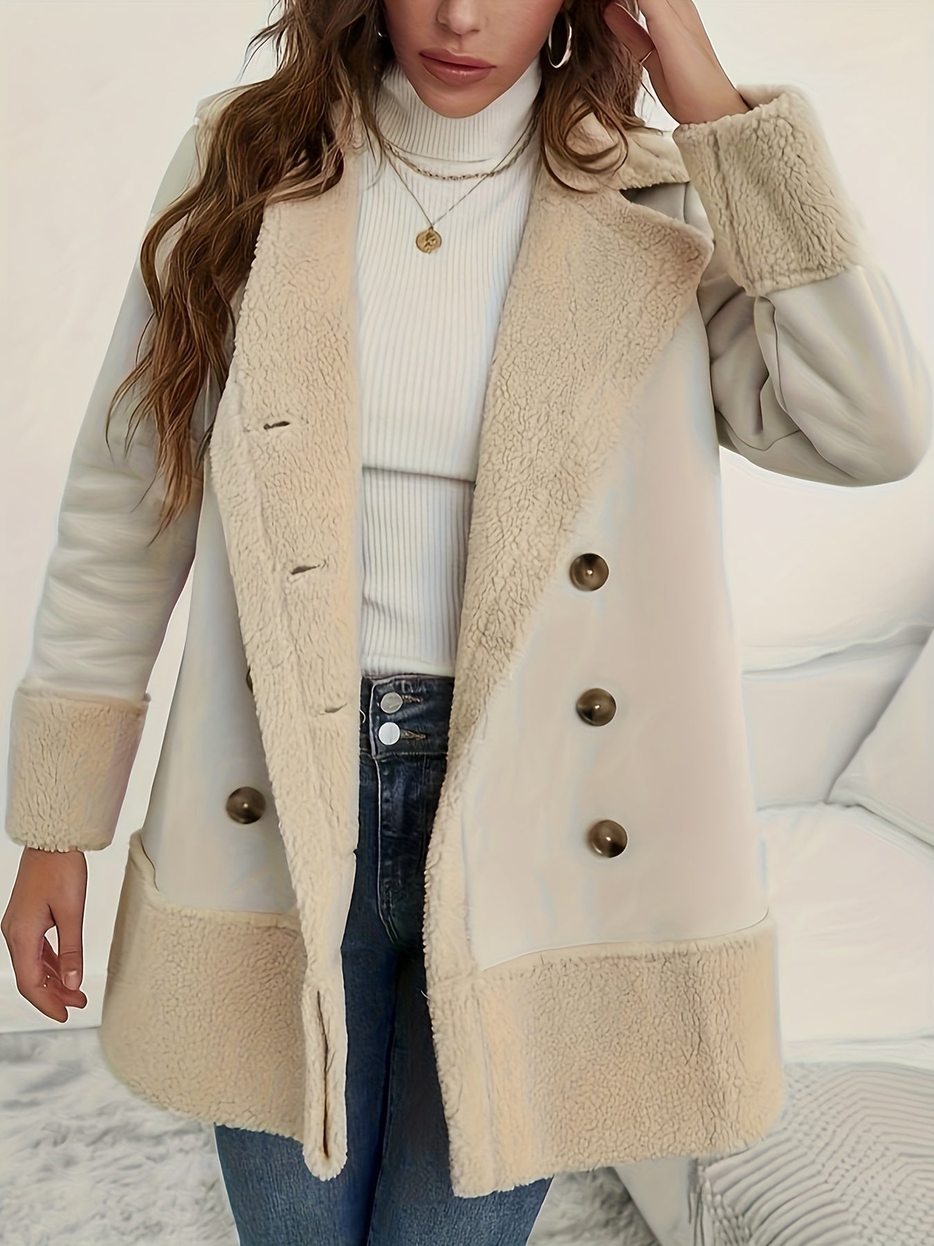 Antmvs Fuzzy Trim Double Breasted Coat, Elegant Long Sleeve Warm Outerwear, Women's Clothing