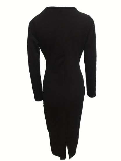 Antmvs Long Sleeve Bodycon Dress, V Neck Casual Dress, Women's Clothing