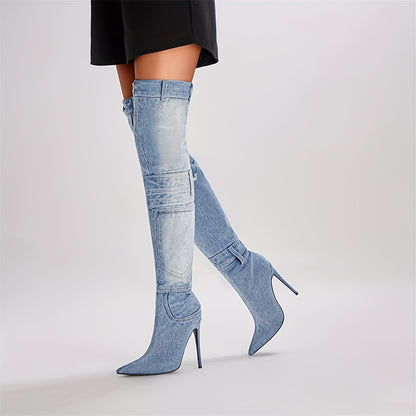 Chic Denim Moto Boots for Women - High-Heeled, Pointed Toe, Stiletto Heel, Canvas Style with Fashionable Pocket Detail