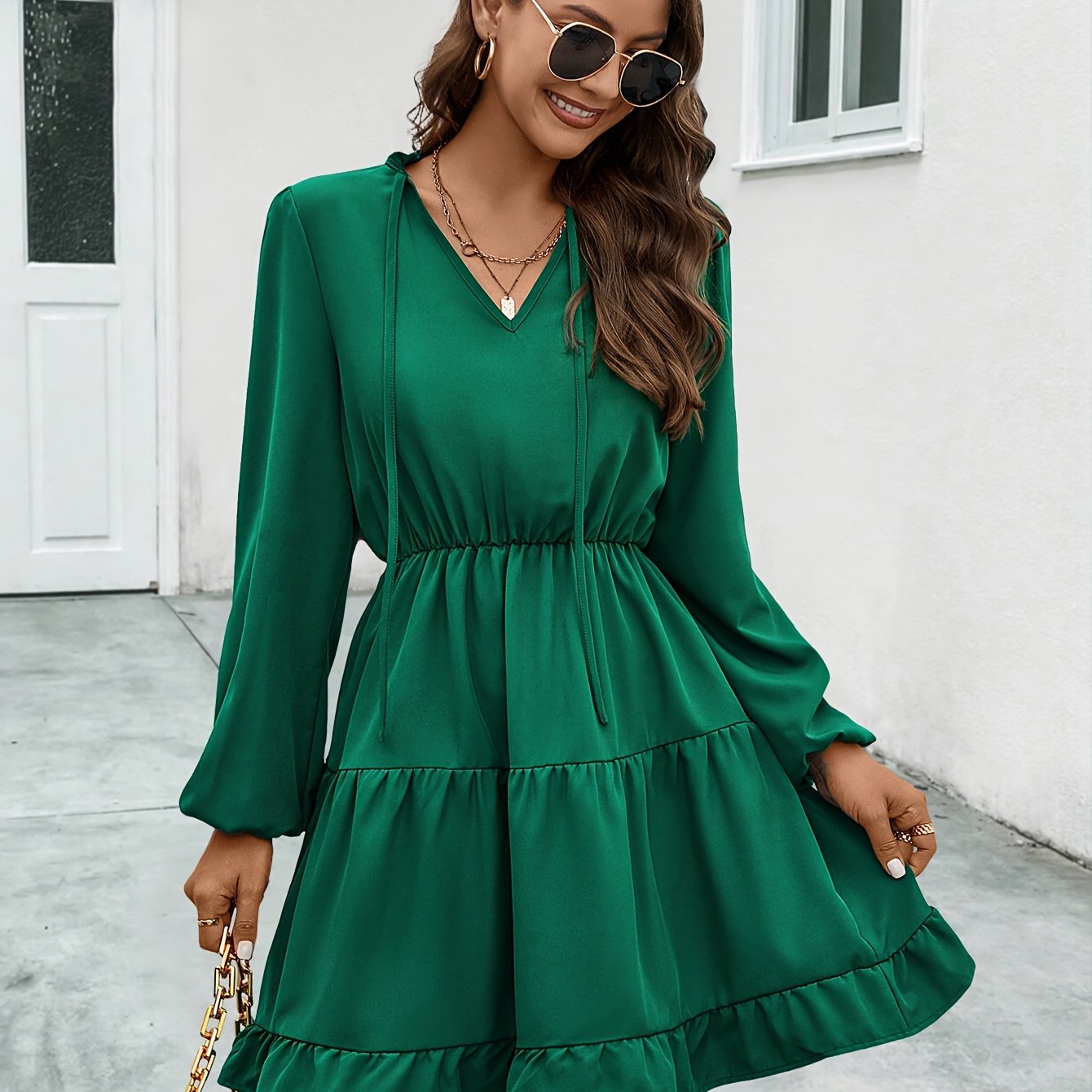 Antmvs Solid Color Lantern Sleeve Dress, Casual A-line Tie-neck Dress For Spring & Fall, Women's Clothing