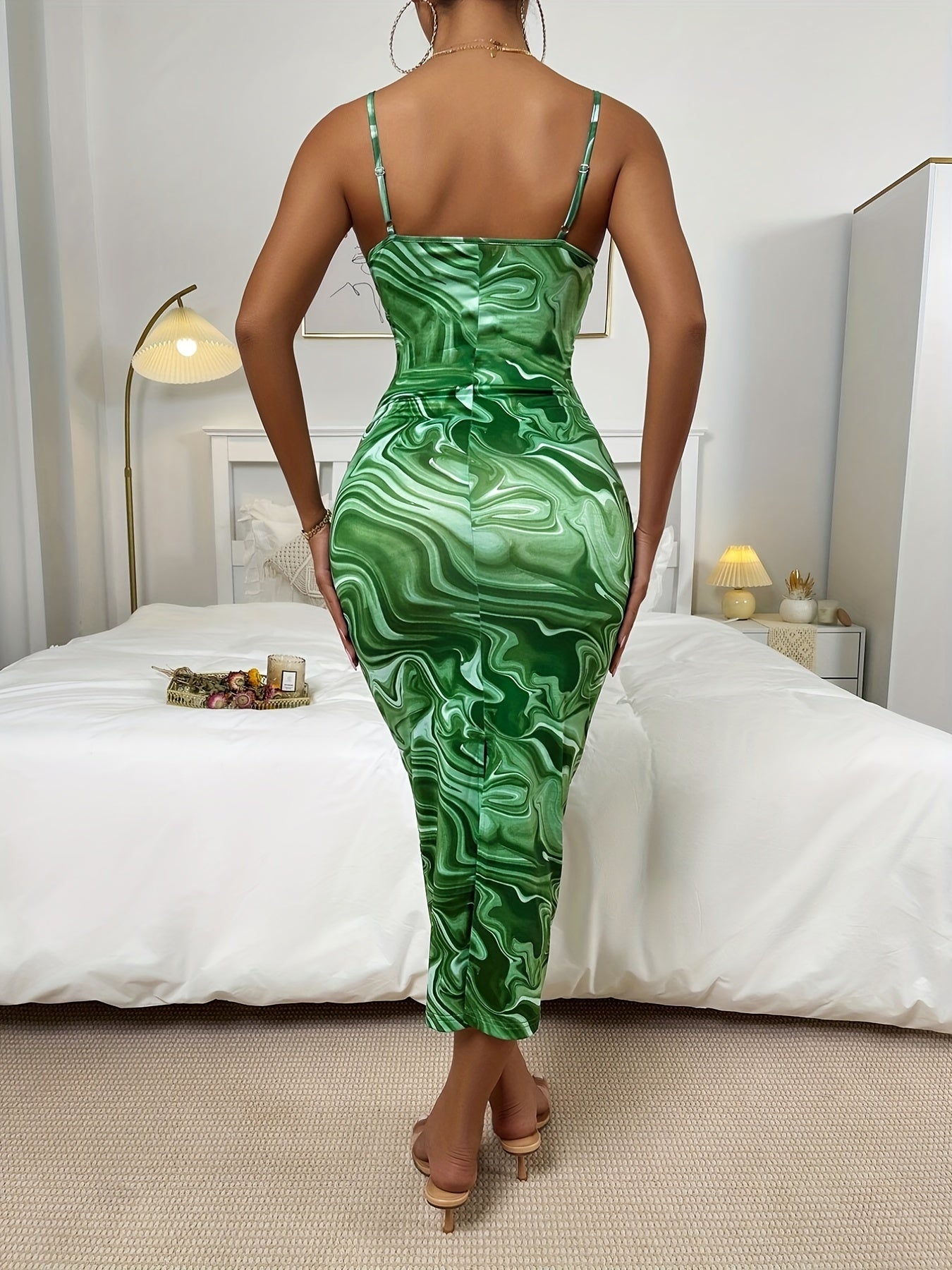 Antmvs Abstract Ripple Print Dress, Sexy Split Spaghetti Strap Backless Dress, Women's Clothing