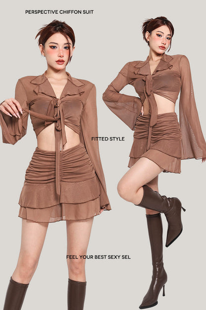 Antmvs Lexi Solid Color Brown Mesh Long Sleeve Front Tie Cropped Top + High Waist Pleated Mini Skirt Matching Set