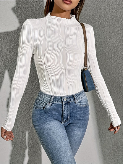 Antmvs Textured Mock Neck T-Shirt, Casual Long Sleeve Top For Spring & Fall, Women's Clothing