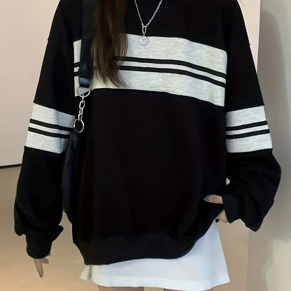 Antmvs Striped Crew Neck Sweatshirt, Casual Long Sleeve Drop Shoulder Sweatshirt, Women's Clothing