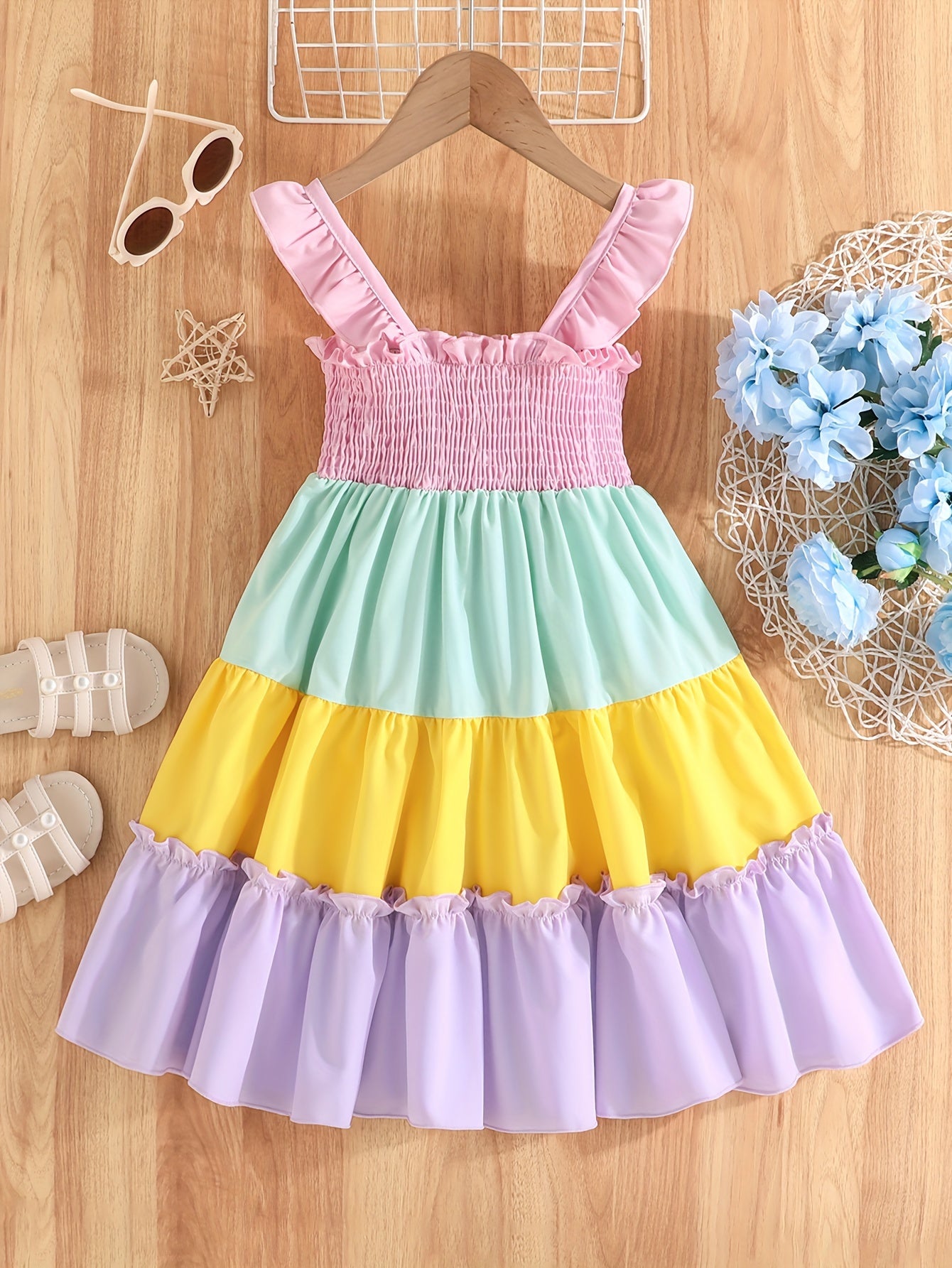 Adorable Girls Rainbow Splicing suspender Dress - Colorful & Playful Design - Perfect for Little Fashionistas - Comfortable Everyday Wear