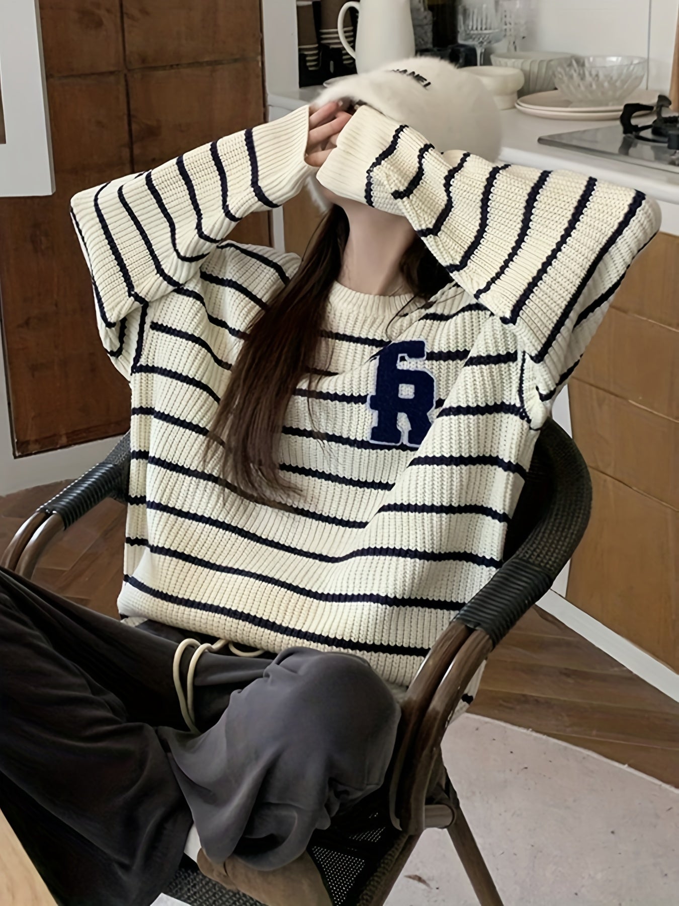 Antmvs Letter Patched Striped Sweater, Casual Crew Neck Long Sleeve Sweater For Fall & Winter, Women's Clothing