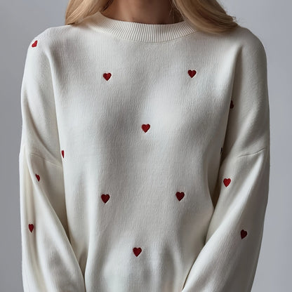 Antmvs Heart Pattern Crew Neck Knit Sweater, Casual Long Sleeve Pullover Sweater, Women's Clothing