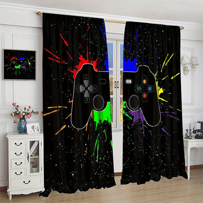 2pcs Gamepad Printed Curtains, Game Controller Fabric Window Drapes, Window Treatments For Playroom Bedroom Office Kitchen Living Room Study Home Decor