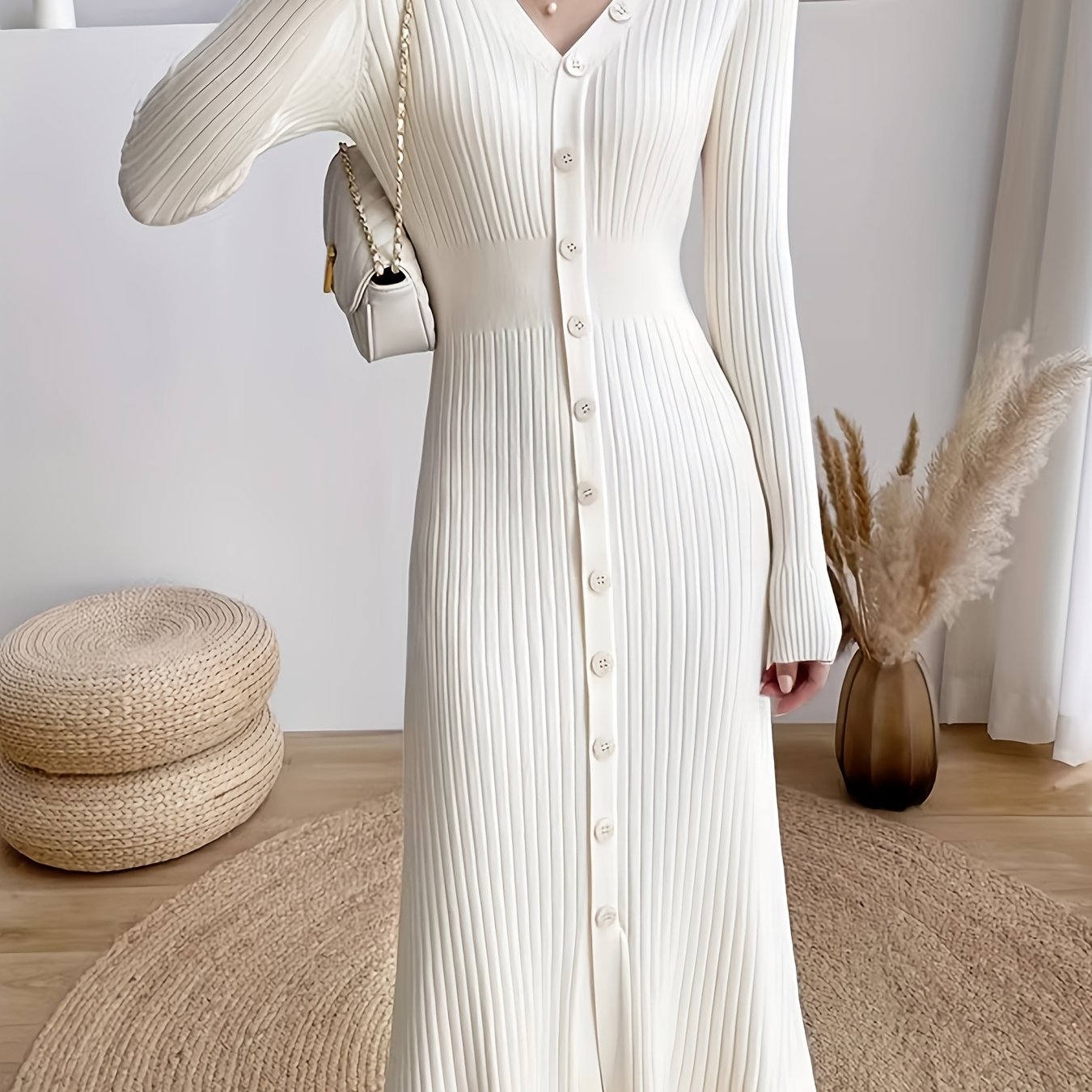 Antmvs Button Front Ribbed Dress, Elegant V Neck Long Sleeve Dress, Women's Clothing