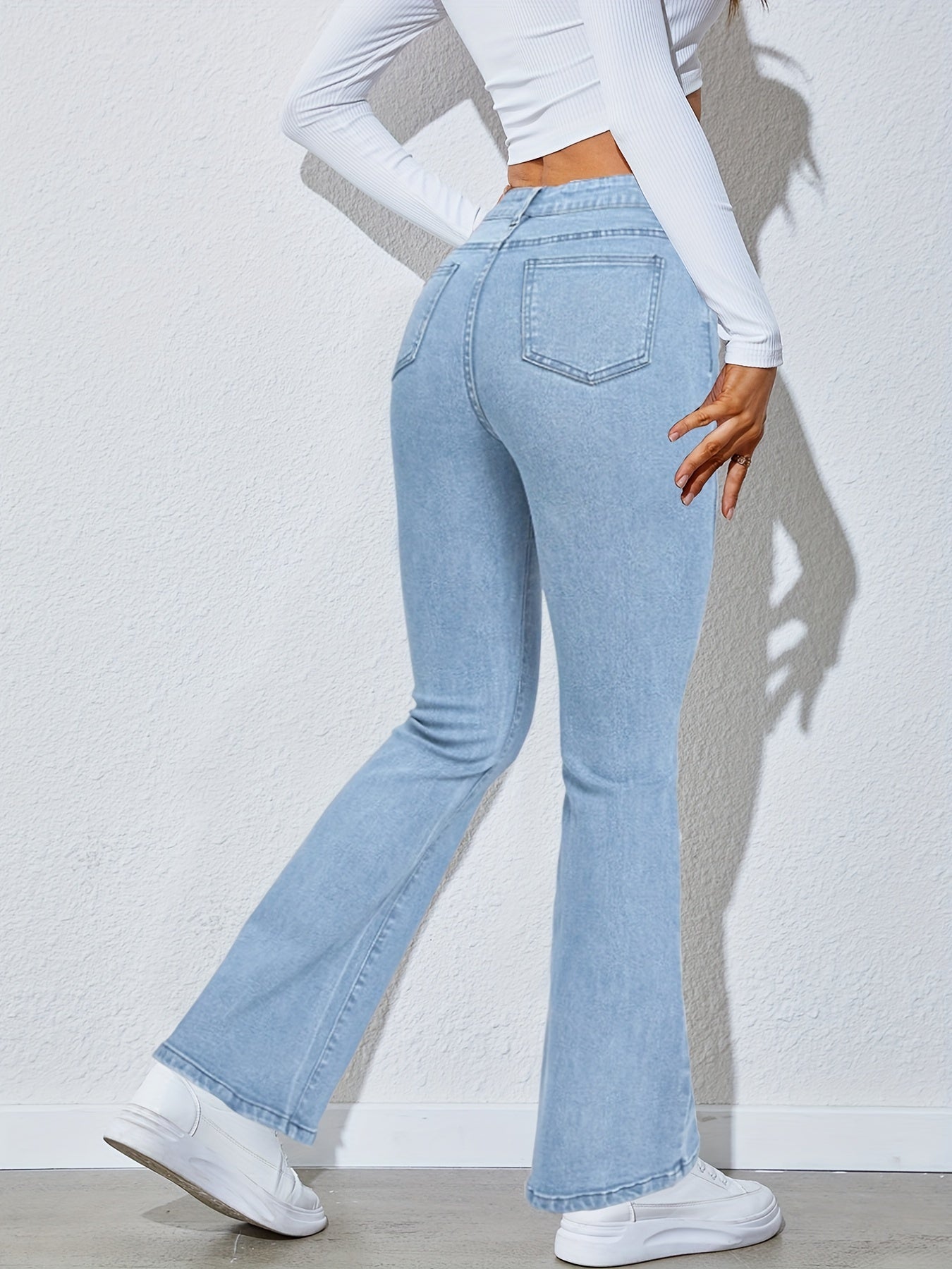 Antmvs High Waist High Strech Light Blue Bootcut Jeans, Zipper Button Closure Flare Leg Causal Denim Pants, Women's Denim Jeans & Clothing