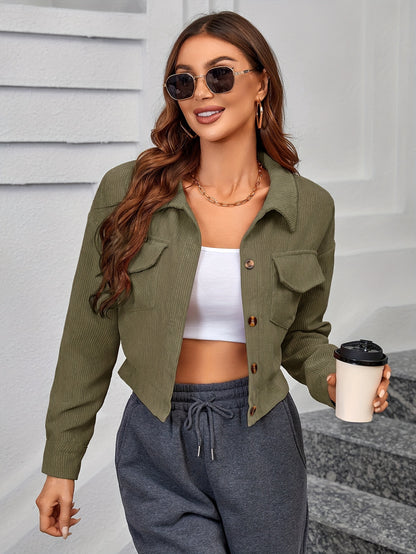 Antmvs Corduroy Button Front Jacket, Casual Long Sleeve Outwear For Fall & Winter, Women's Clothing