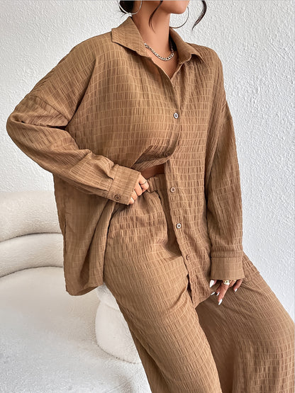 Antmvs Casual Textured Solid Two-piece Set, Long Sleeve Button Front Shirt & Straight Leg Pants Outfits, Women's Clothing