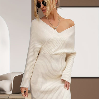 Antmvs Rib Knit Sweater Dress, Sexy V Neck Long Sleeve Bodycon Dress, Women's Clothing