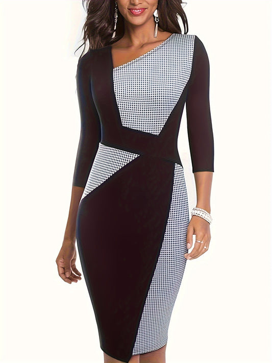 Antmvs Plus Size Casual Dress, Women's Plus Colorblock Houndstooth Print Half Sleeve Irregular Neck Slim Fit Dress