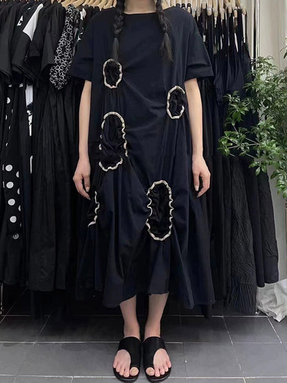 Antmvs Pleated Short Sleeves Raglan Sleeve Round-Neck Midi Dresses