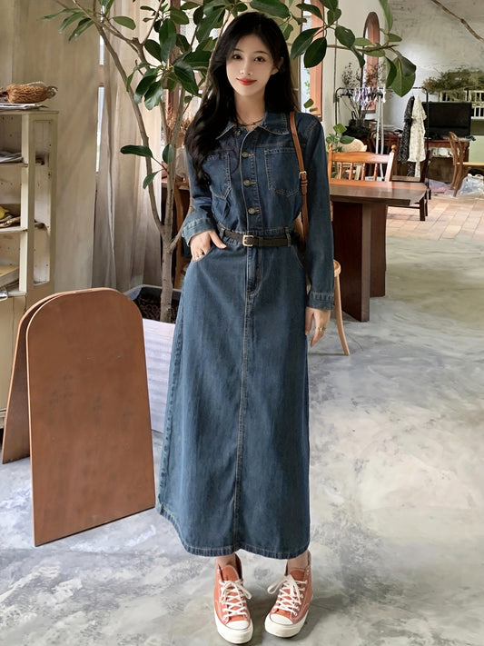 Antmvs Blue Long Sleeves Denim Dress, Retro Style Single Breasted Button Split Lapel Denim Dress, Women's Denim Clothing