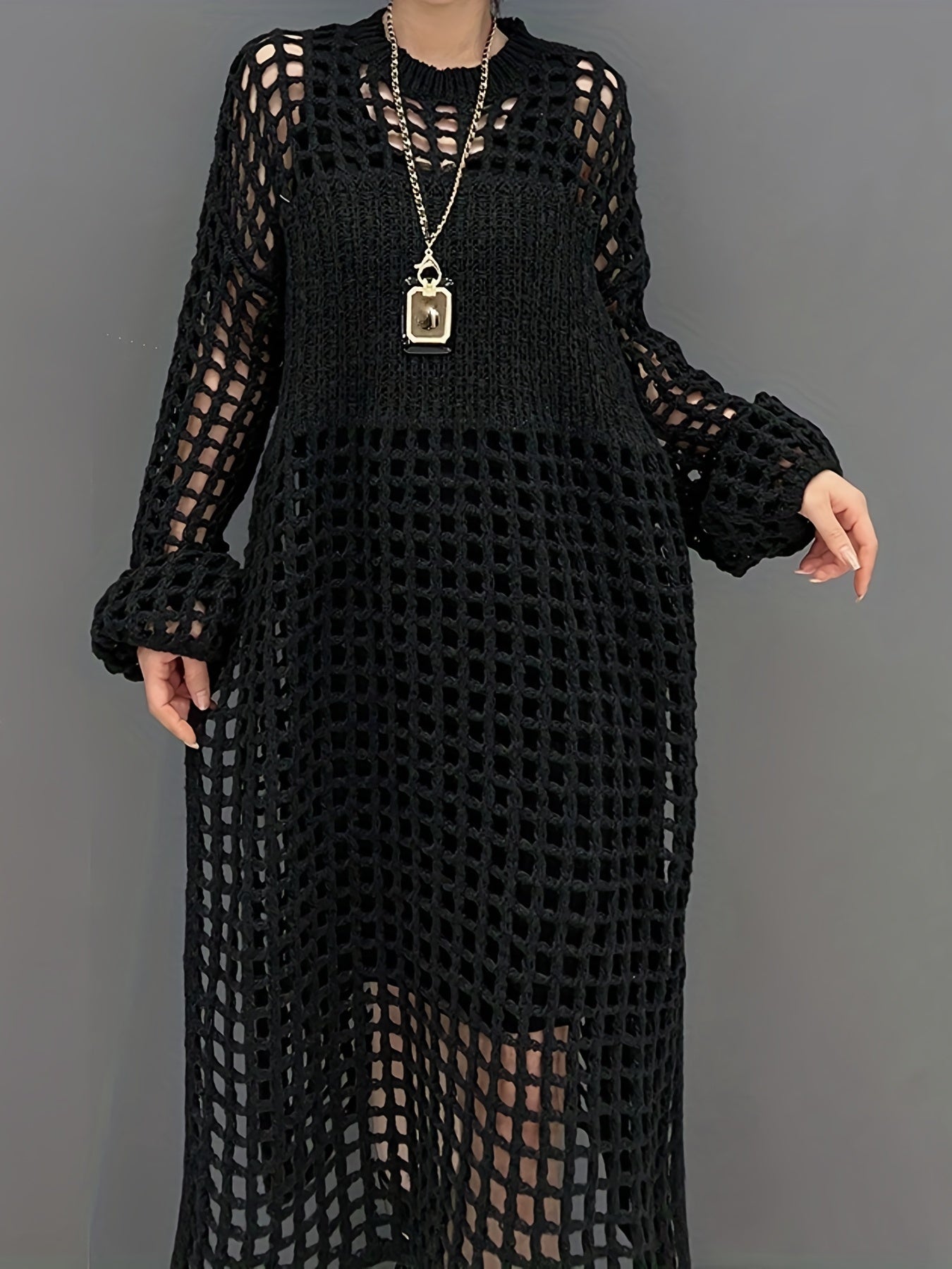 Antmvs Crochet Split Thigh Dress, Casual Solid Long Sleeve Maxi Dress, Women's Clothing