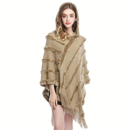 Antmvs Loose Knit Hooded Pullover Poncho Large Solid Color Batwing Tassel Shawl Autumn Winter Travel Outside Windproof Cape