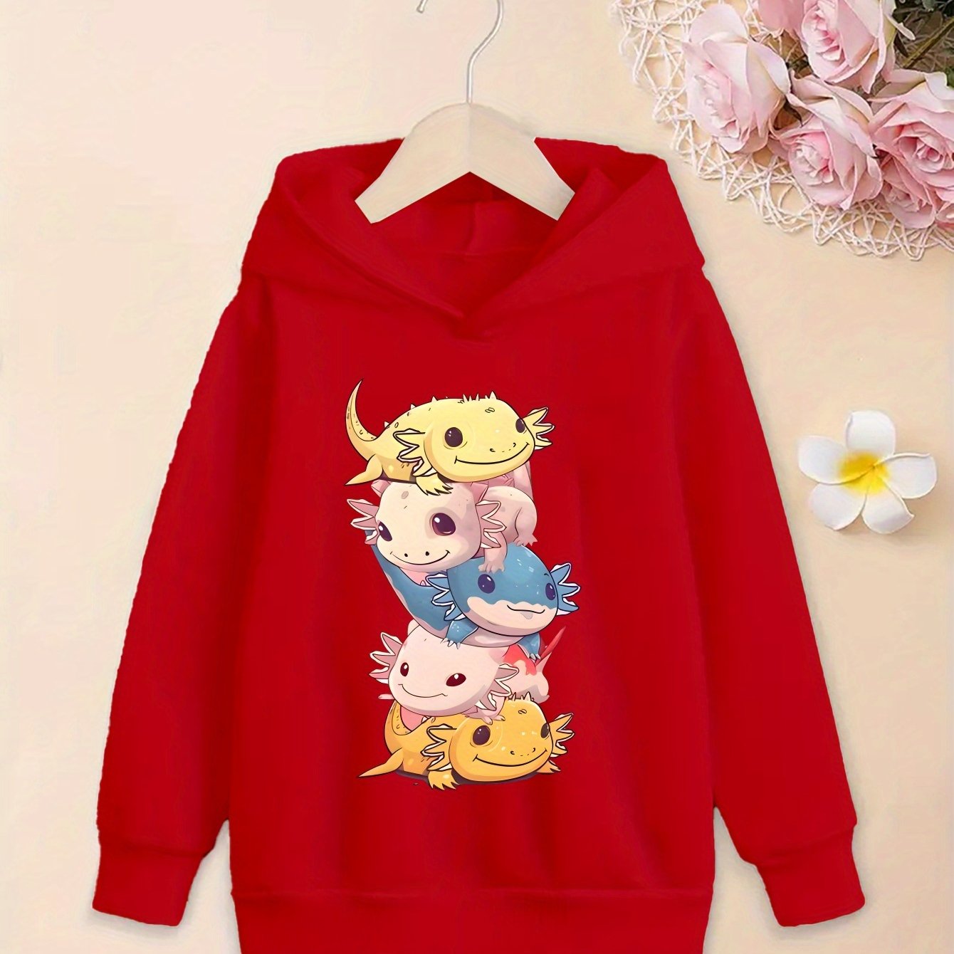 Stylish Cartoon Axolotls Graphic Print Hoodie - Soft Fleece Lining, Warm, Long Sleeve, Trendy, and Cozy for Girls' Streetwear - Perfect for Fall and Winter Seasons